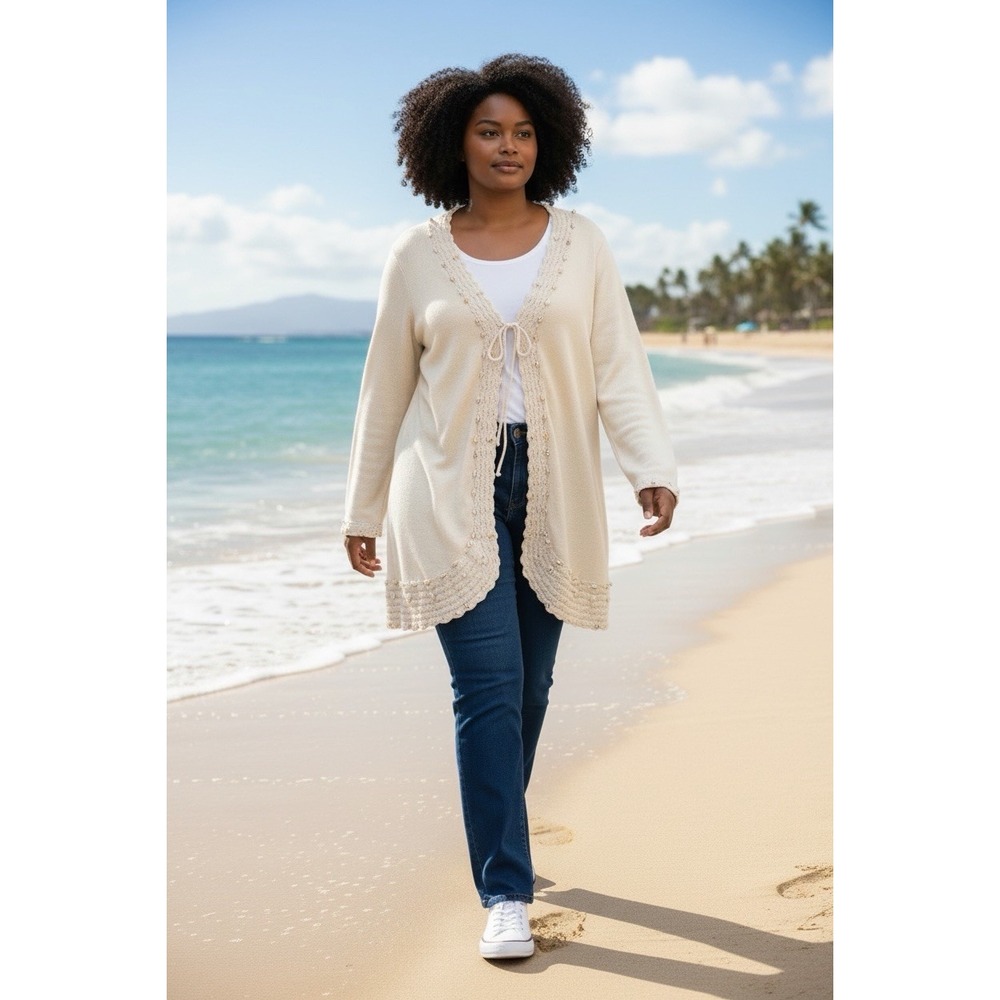STORYBOOK KNITS Light Beige  Cardigan Shells‎ Beachy Coastal Grandmacore Sz 2x